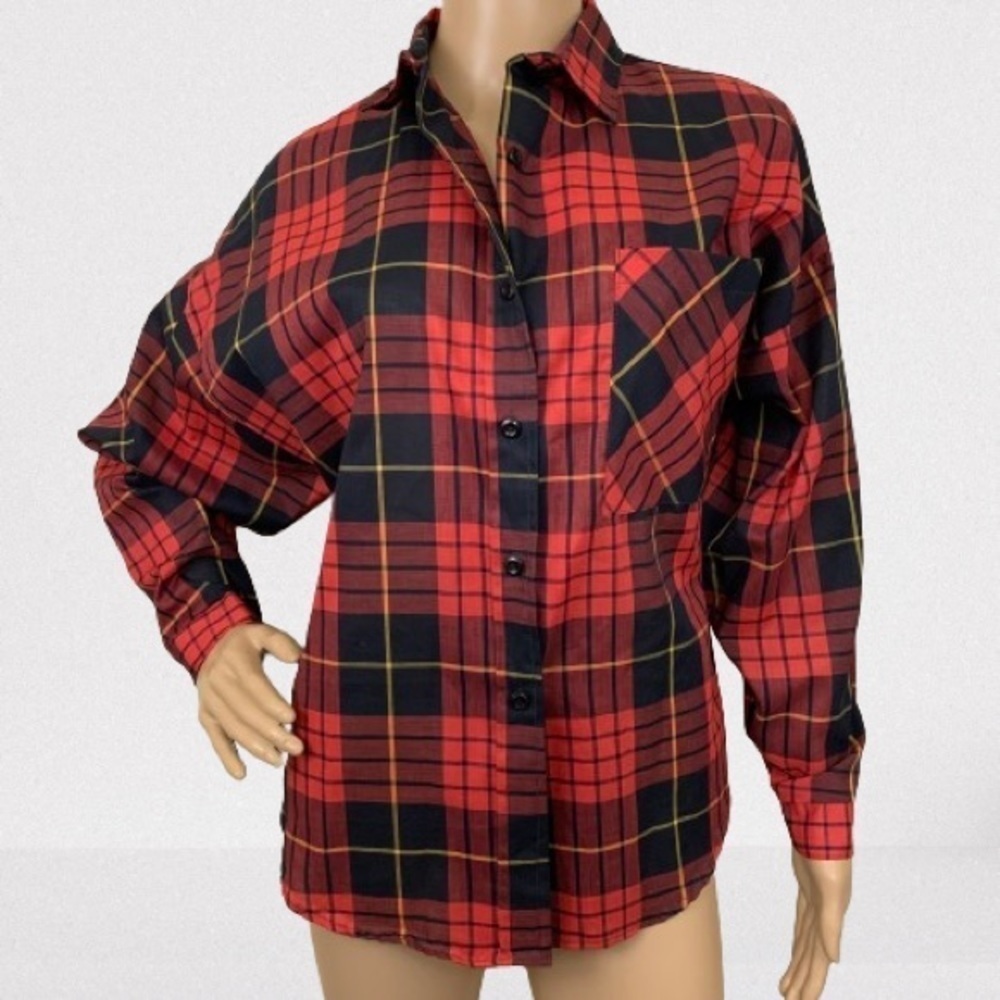 Vintage Red Black Yellow Donlin Juniors Plaid Button Down Shirt Size M